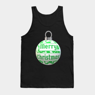 Christmas Tree Ornament with Merry Christmas Greeting and Wintergreen and White Abstract Peppermint Candy Cane Design Tank Top